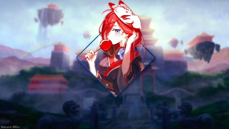 tengu, Nakano Miku, anime girls, anime, dress, manga, headphones, open mouth, 1080P, Japanese kimono, fox mask, elbow gloves, feathers, 5-toubun no Hanayome