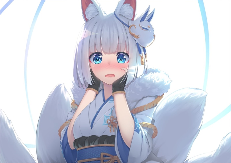 blue eyes, lifestyles, clothing, shy expression, cute, 720P, animal ear, white hair, day, kimono, disguise, white background, indoors, anime fox girl