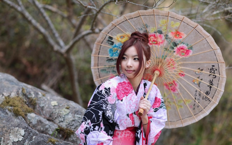 1920x1200, redhead, umbrella, asian, paper, kimono, floral, woman, pink, s, 1080P, girls, women, pretty