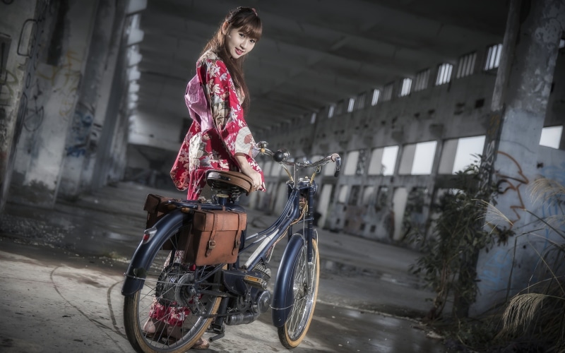 Japanese, Kimono, 2K, Girl, Night, Bike
