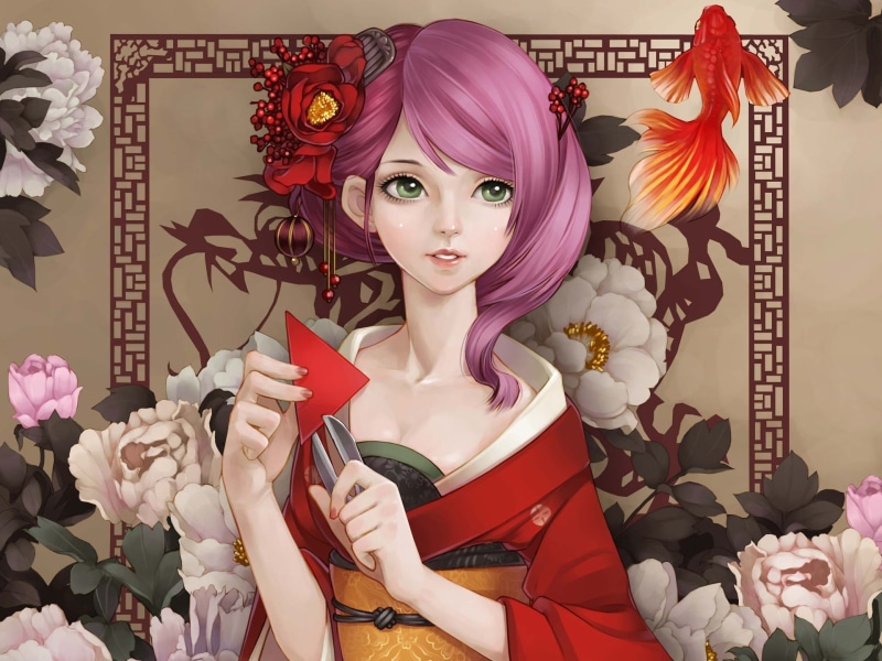 Green, Girl, Kimono, 1080P, Pink, Japanese, Eyes, Beautiful, Hair, Anime