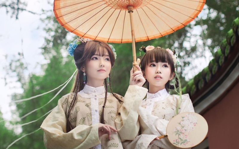 traditional clothing, innocence, clothing, Asian, young adult, two people, umbrella, robe, young women, outdoors, females, nature, togetherness, adult
