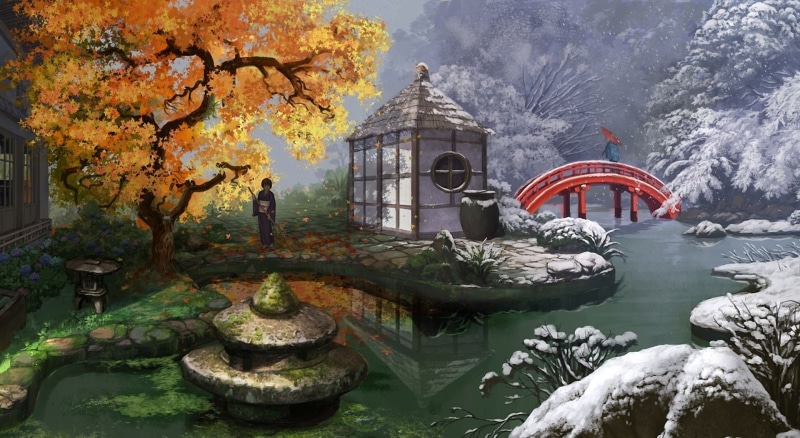 building, built structure, plant, outdoors, tree, lake, connection, Garden, body, near, Artistic, bridge, water, Japanese, standing, no people, person