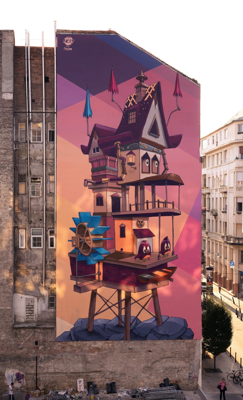 house, building, town, architecture, outdoors, transportation, urban, black, city, street art, multi colored, drawing, travel, no people, birds, 2K, miniature