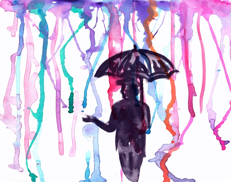 water color, outdoors, male likeness, design, creativity, water, wall - building feature, hanging, color, female likeness, artwork, man, day, umbrella