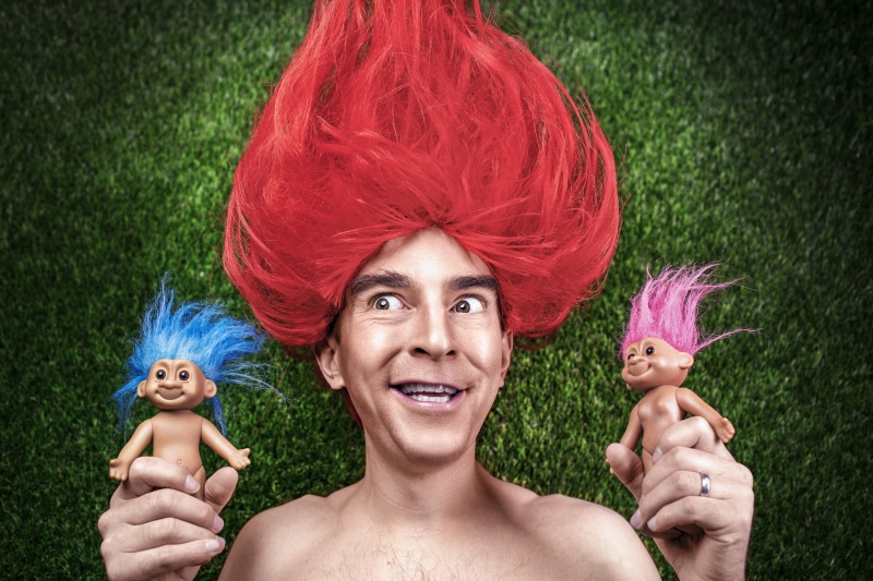 red hair, headshot, one person, 5K, collector, adults only, funny, trolls, beautiful woman, plant, happiness, weird, portrait, looking at camera, smile