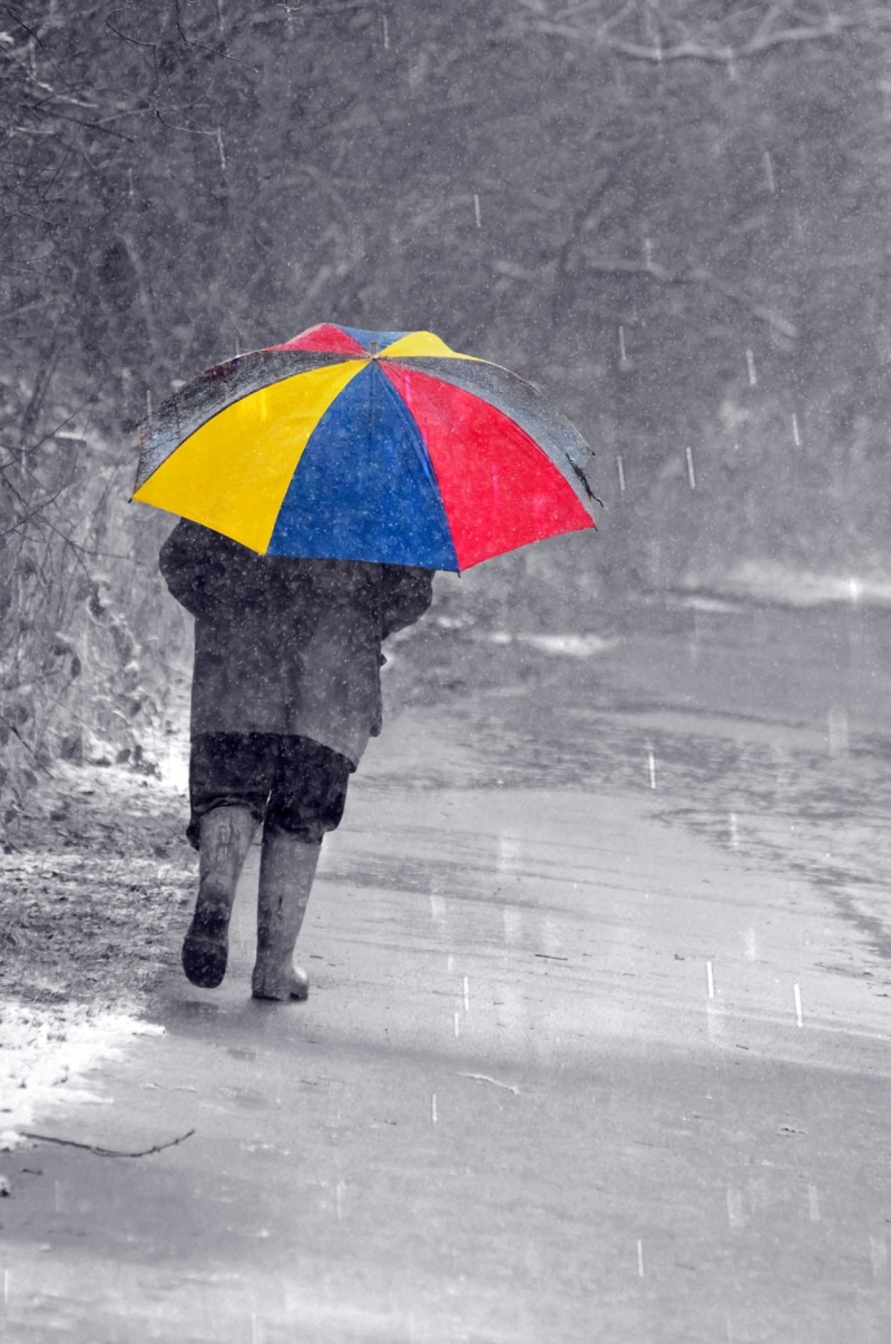 lifestyles, water, rain, umbrella, protection, men, weather, seasons, outdoors, red umbrella, full length, multi colored, standing, sheltering, one person
