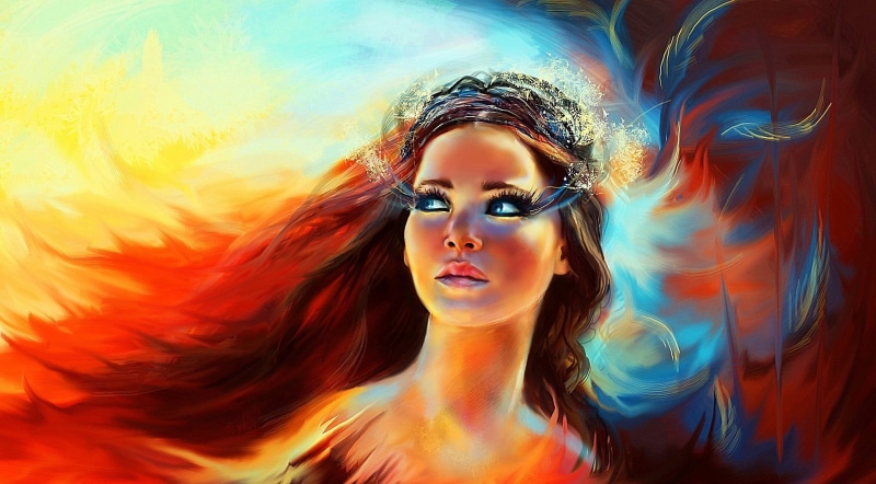 portrait, multi colored, painting, haute couture, artwork, fashion, beauty, The Hunger Games, glasses, outdoors, beautiful woman, sunglasses, young adult