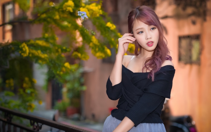 Portrait, Asian, Dress, Black, Girl, 2K