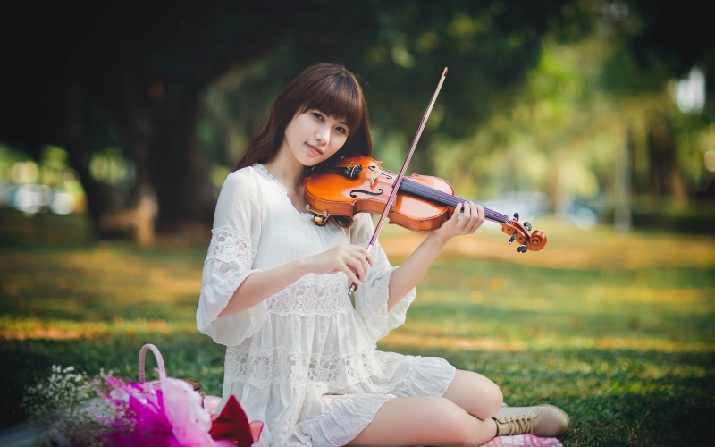 White, Violin, Asian, Girl, Dress, 2K