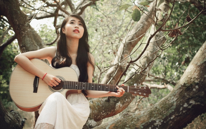 Girl, Asian, White, Guitar, Dress, 2K