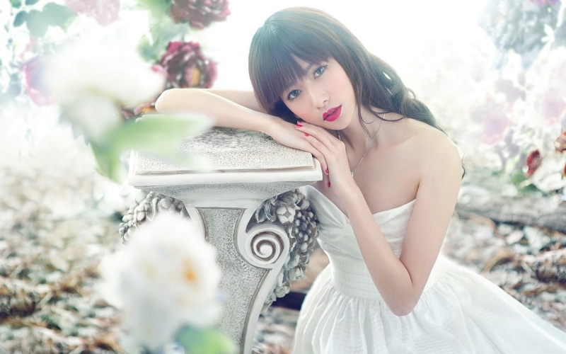 Posture, Lip, Dress, 1080P, White, Red, Flowers, Asian, Girl