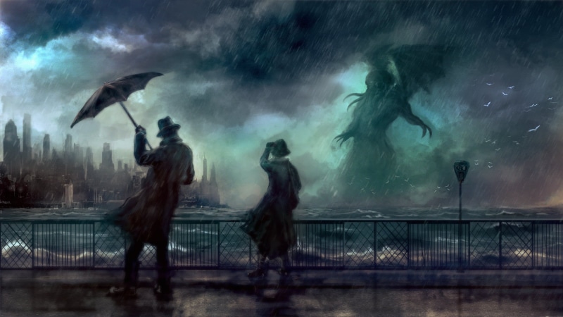 sky, man, Cthulhu, group of animals, people, artwork, painting, mammal, cloud - sky, group of people, water, 1080P, textured effect, horse, rain, vertebrate