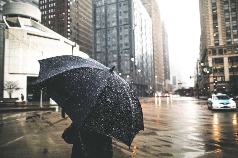 city street, black, gray, car, architecture, rain, mode of transportation, walking, office building exterior, protection, skyscraper, outdoors, city life