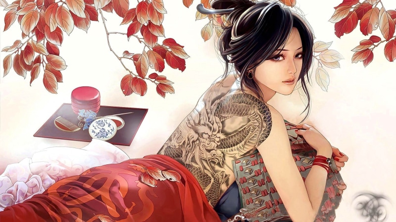 looking at viewer, Japanese clothes, 1080P, anime, original characters, tattoo, anime girls, long hair, brunette