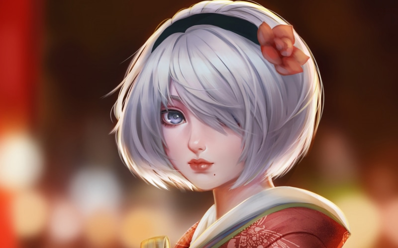 innocence, blond hair, hair, portrait, close-up, NieR, one person, beautiful woman, females, young adult, 2B (Nier: Automata), focus on foreground, adult