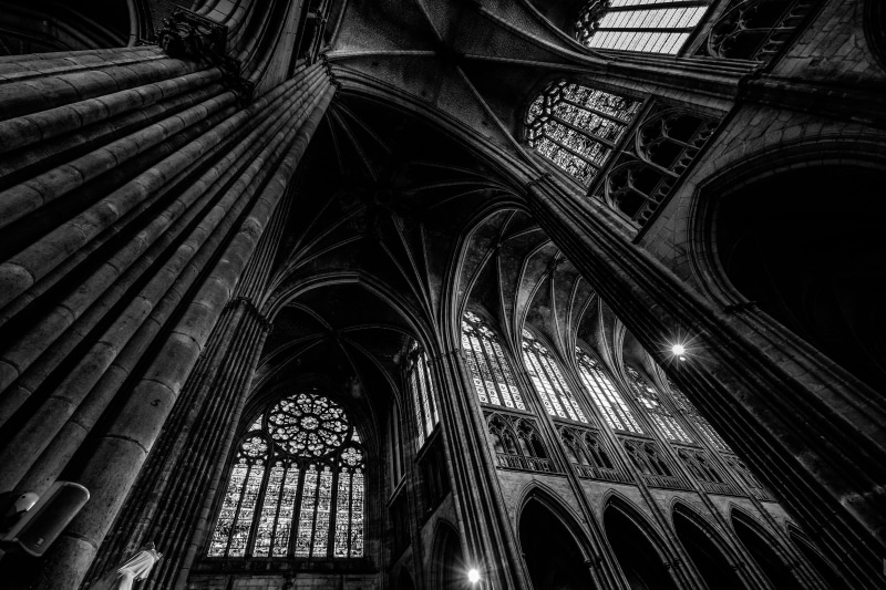 belief, religion, lights, black and white, daylight, 5K, building, travel, architecture, low angle shot, gothic, ceiling, arches, arch, low angle view
