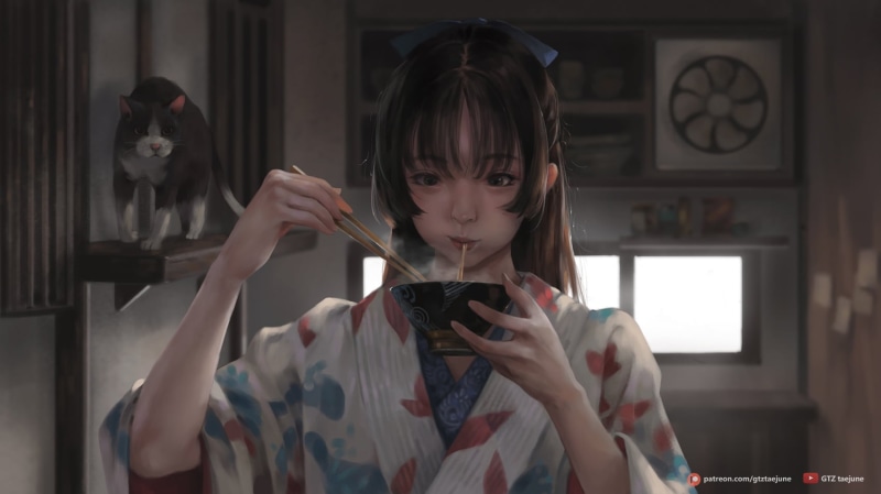 anime girls, Japan, 720P, eating, ramen, kimono, cats, indoors, original characters, anime, Taejune Kim, depth of field, Asian, drawing, anime girls eating