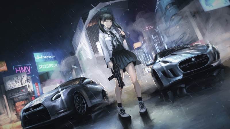 full length, adult, standing, city, architecture, umbrella, anime girls, men, 1080P, original characters, real people, young women, three quarter length