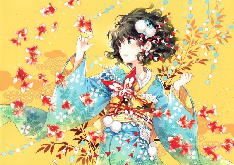 anime girls, fish, anime, original characters, kimono, 2K, Japanese clothes