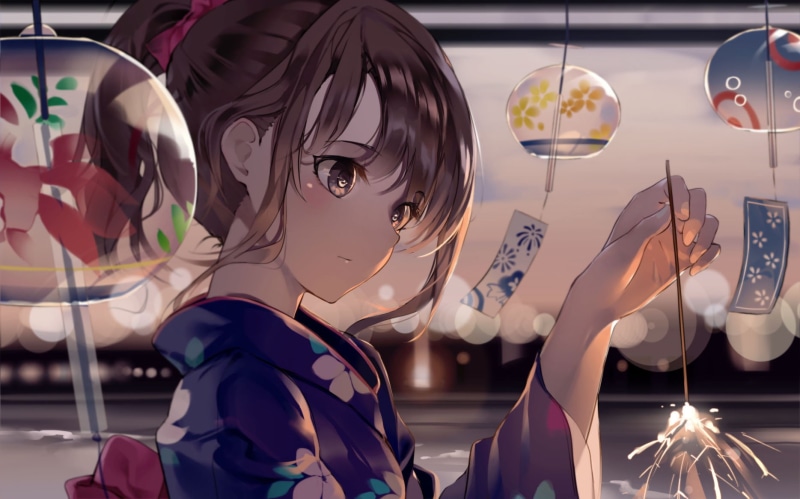 720P, ponytail, wind chimes, brunette, sparkler, sunset, yukata, anime, anime girls, glowing eyes
