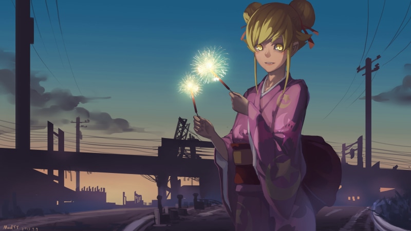 young Adult, female, architecture, yukata, pink, yellow eyes, casual clothing, hairstyle, women, night, beautiful woman, 2013 (Year), city, sparkler, three quarter length