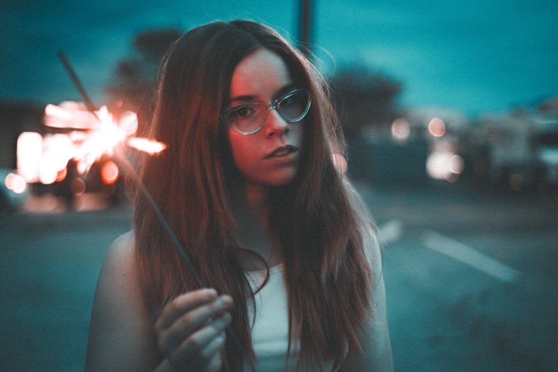 glasses, urban, women, 1080P, women with glasses, brunette, sparkler, looking at viewer, long hair, women outdoors