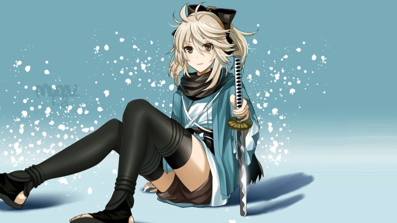 scarf, blond hair, Fate/Grand Order, 1080P, vitality, blue, clothing, thigh-highs, young adult, colored background, hairstyle, nature, Saber, katana, blue background