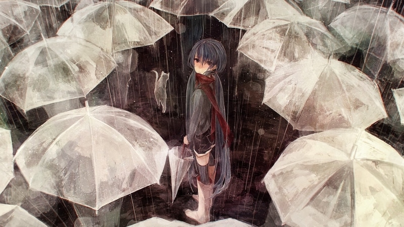 outdoors, portrait, front view, Vocaloid, hairstyle, bangs, young adult, Hatsune Miku, contemplation, real people, digital composite, rain, one person