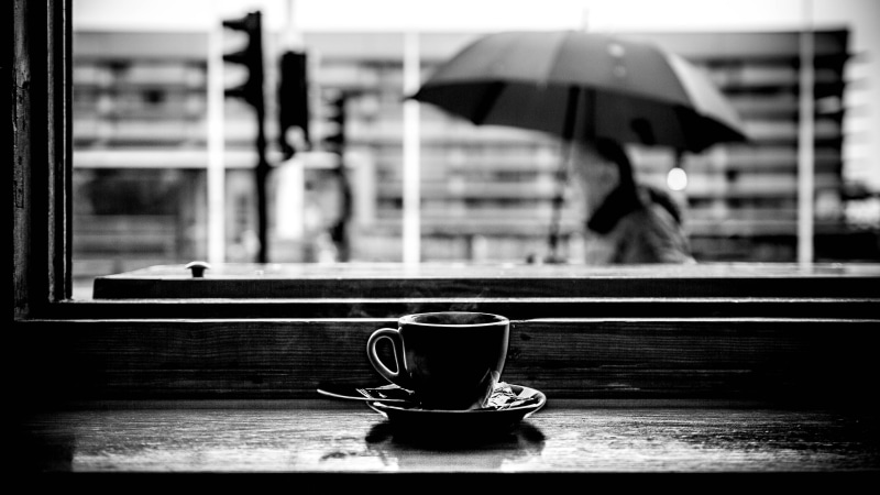 window, urban, day, food and drink, saucer, cofe, shadow, tea, crockery, hot drink, focus on foreground, photo, table, drink, transparent, street, blackandwhite