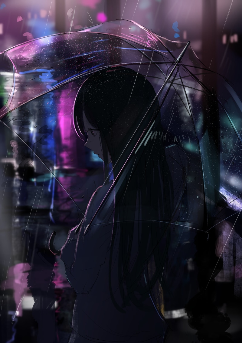 long hair, reflection, transparency, 4K, umbrella, long sleeves, Hold, black hair, tararelux, watercolor, solo, parasol, rain