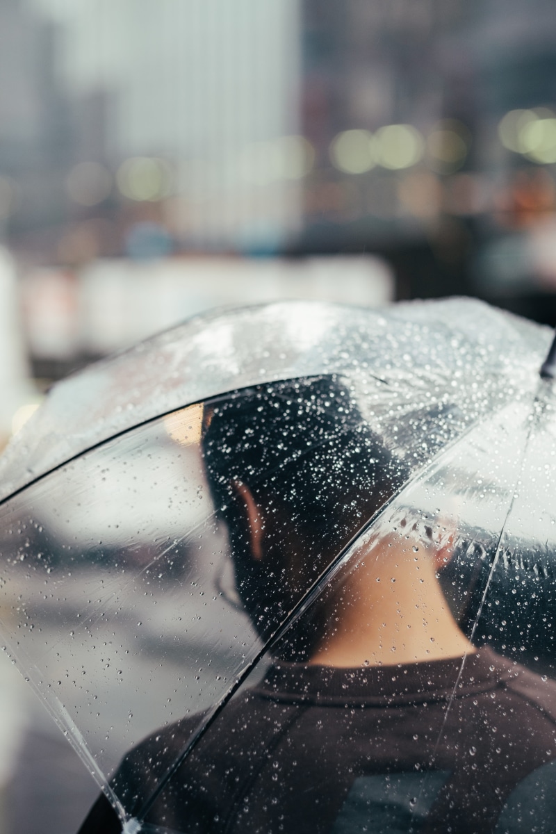 person, rain drop, urban, transportation, selective, closeup, droplet, umbrella, fujinon, holding, close-up, detail, clear umbrella, transparent, photography