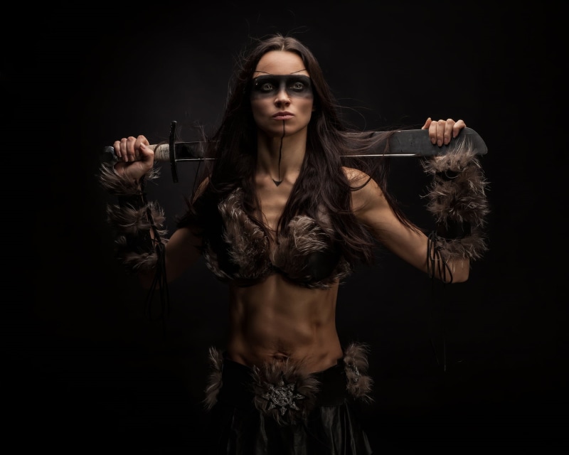 one person, warrior, black background, young adult, front view, fantasy girl, adult, studio shot, brown hair, beauty, hairstyle, indoors, portrait, women