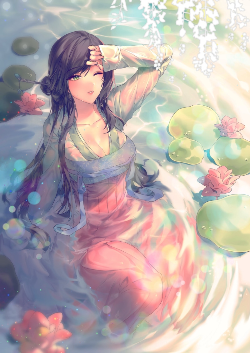 original characters, digital art, Chinese dress, cleavage, drawing, 2K, in water, anime girls, green eyes, water lilies, water drops, laejjo, flowers