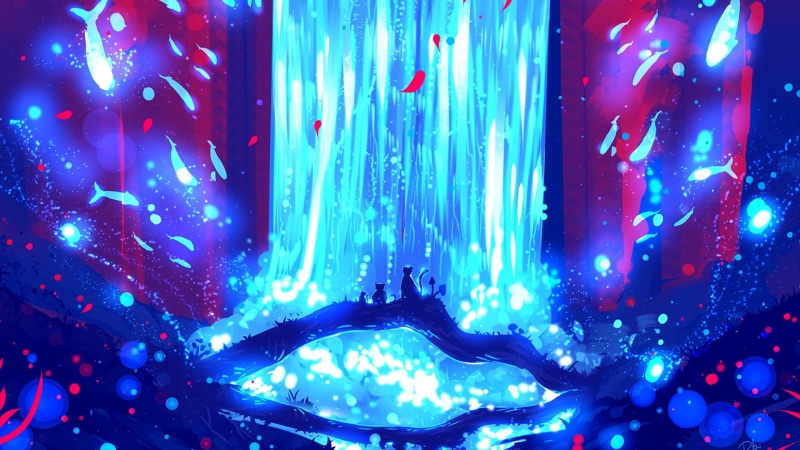 pattern, abstract, water, 1080P, no people, technology, blue, indoors, cyan, night, glass - material, fish, built structure, digital art, waterfall, nature