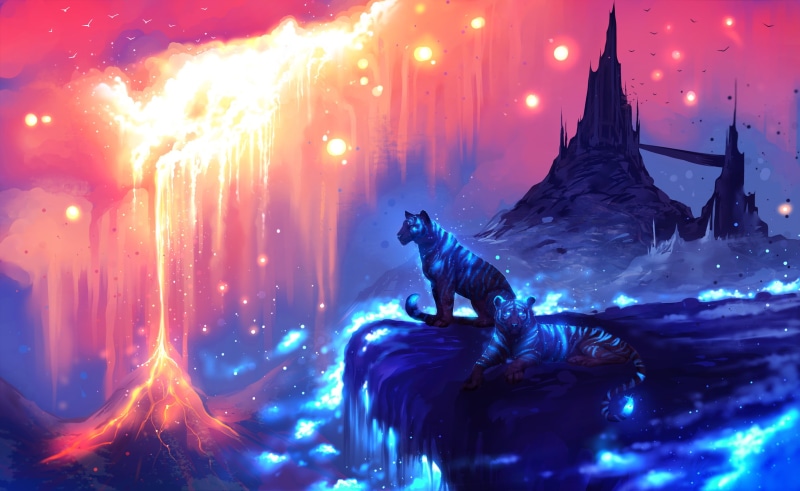 digital art, 1080P, tiger, ryky, volcano, castle, painting