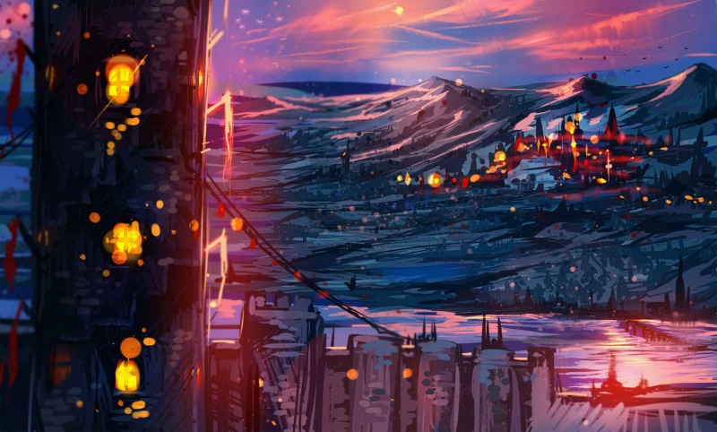 no people, dusk, digital art, residential district, architecture, 720P, building, water, transportation, city, building exterior, nature, night, cityscape