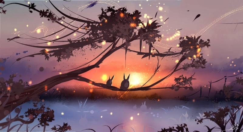 depth of field, tranquility, 1080P, idyllic, plant, digital art, sunset, no people, reflection, sky, tree, digital composite, painting, illuminated, lighting equipment