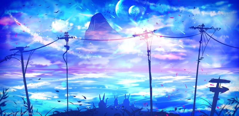 720P, birds, fantasy art, ryky, sign, power lines, mountains