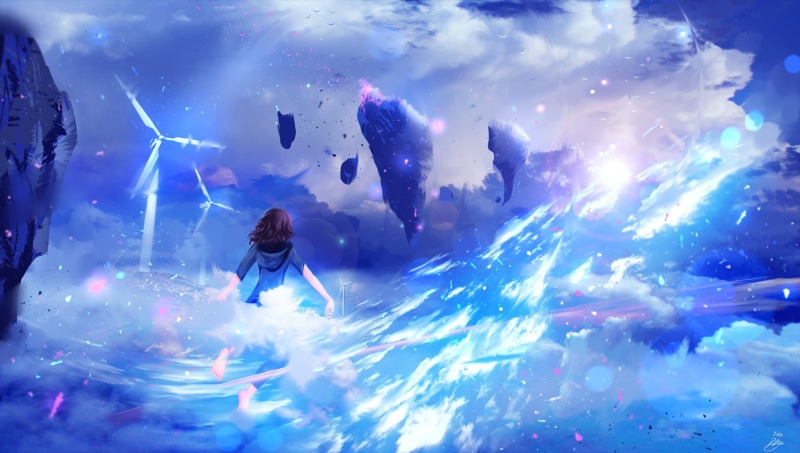 windmill, waves, sky, floating island, cyan, 720P, ryky, clouds