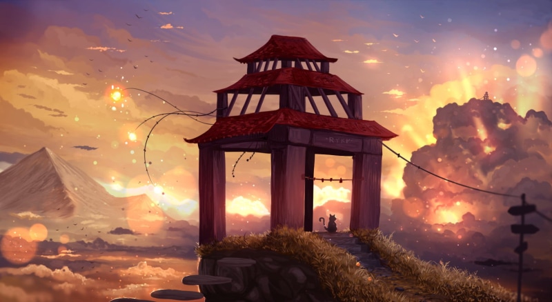 720P, mountains, sign, birds, cats, Asian architecture, sunset, sparks, ryky, clouds