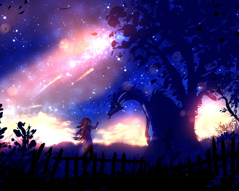 girl, 1080P, under the lights, by ryky, night, art, dragon, stars