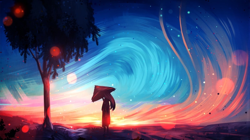 trees, girl, painting art, long hair, digital art, wind, umbrella, art, Ryky, painting, artist, 1080P, artwork, landscape