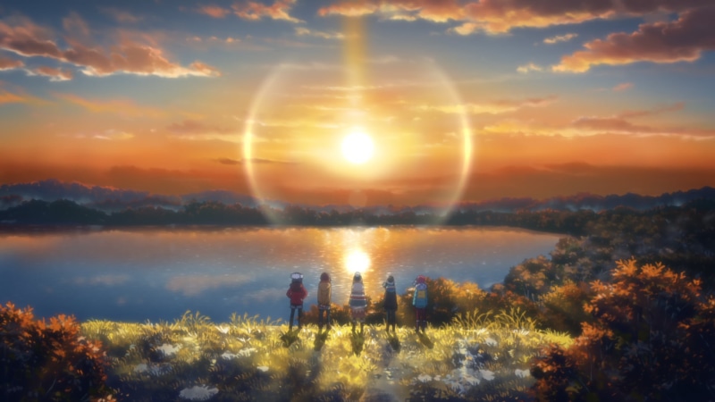 Yuru Camp, Rin Shima, Ena Saitou, Aoi Inuyama, lake, Chiaki Oogaki, Nadeshiko Kagamihara, sunset, 1080P