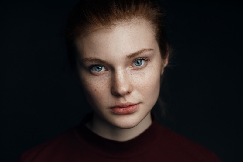 women, face, portrait, freckles, black background, 1080P, blue eyes