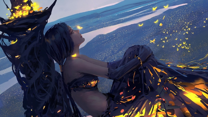 fire, painting, women, glowing, 1080P, fantasy art, WLOP, GostBlade, Ghost Blade, landscape, dress, Cure Girl