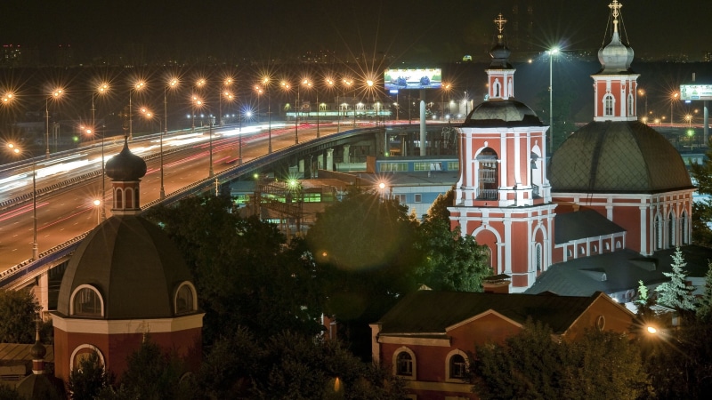 bridge, beside, nightime, Lights, 4K, mosque, Church, City, Night, Russia, Moscow