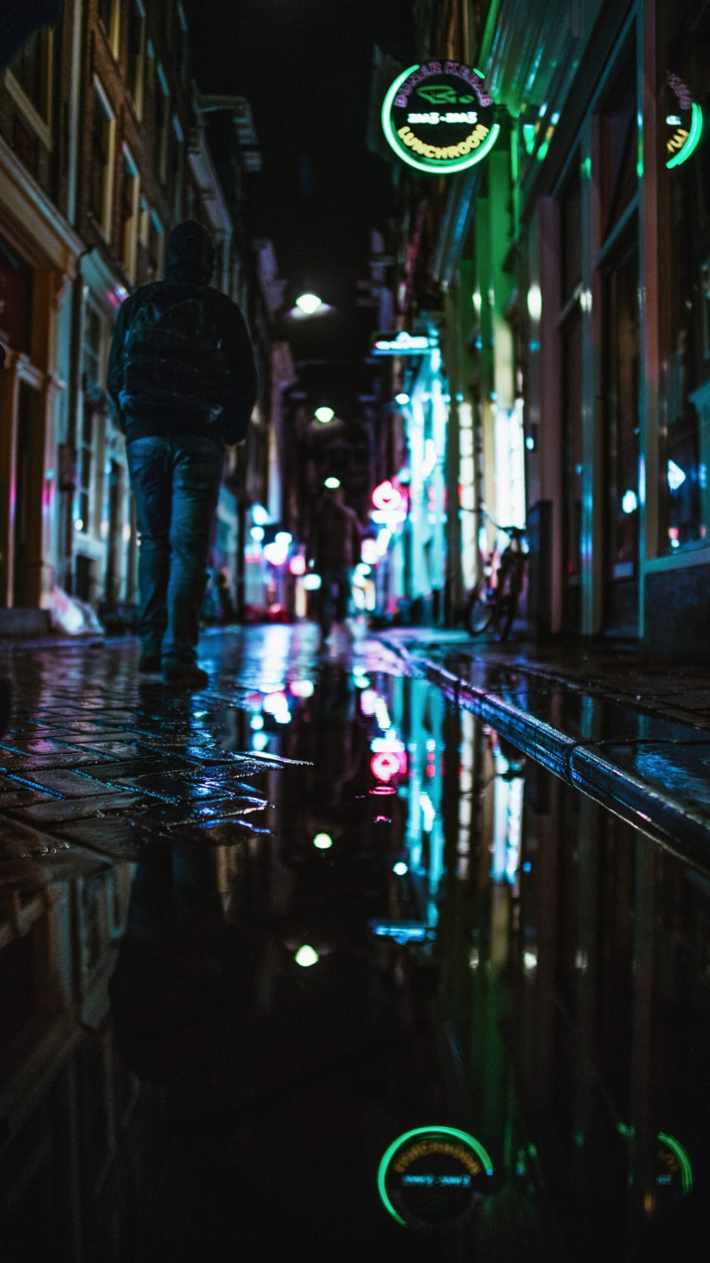 building, hallway, architecture, nature, neon light, night, wet pavement, jacket, solitude, puddle, light, rainy season, built structure, puddle relfection