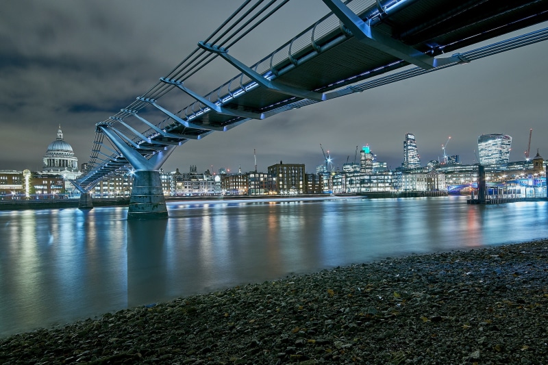 focus, city light, office building exterior, night, bridge, skyscraper, illuminated, modern, shallow, nature, water, architecture, st paul cathedral, st paul