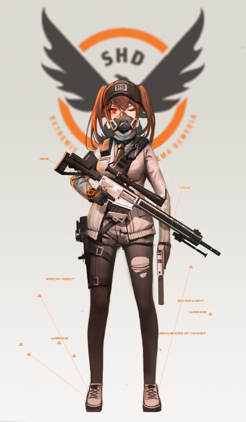 full length, anime girls, studio shot, long hair, holding, rifle, brunette, clothing, sniper rifle, aggression, machinery, cut out, anime, red eyes, conflict